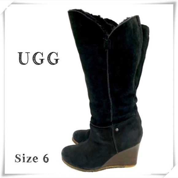Ugg Suede Sheepskin Knee High Wedge Boot In Black - Picture 1 of 10
